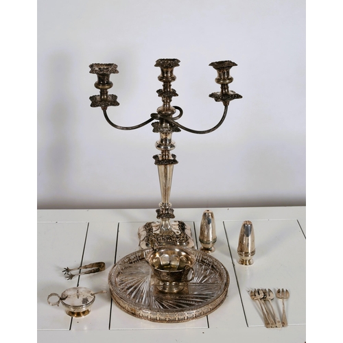 568 - A MISCELLANEOUS COLLECTION to include a 19th century silver plated on copper three branch candelabra... 