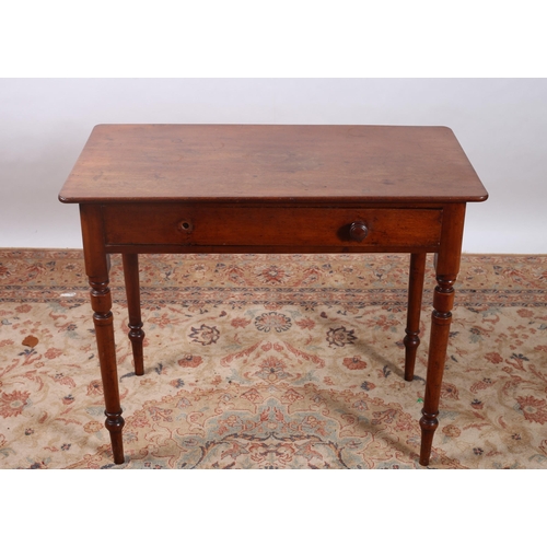 638 - A 19TH CENTURY MAHOGANY SIDE TABLE of rectangular outline the shaped top with frieze drawer on turne... 