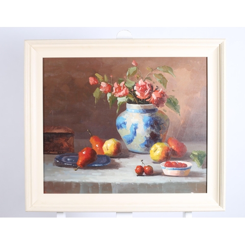 712 - STILL LIFE 
Fruit and Flowers in a Vase on a Table 
Oil on canvas
49cm (h) x 56cm (w)