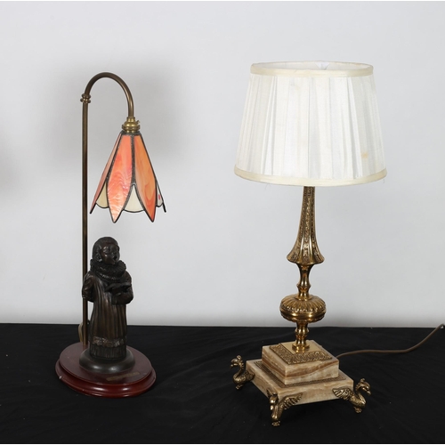 768 - A CONTINENTAL GILT METAL AND ONYX TABLE LAMP with pleated shade together with A COLD CAST FIGURAL TA... 