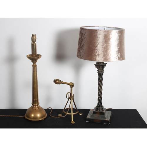 106 - A VINTAGE BRASS ADJUSTABLE TABLE LAMP together with A BRONZE TABLE LAMP and AN OXYDISED CORINTHIAN C... 