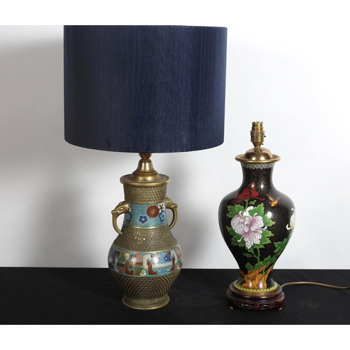 109 - A BRASS  AND CLOISONNE  TABLE LAMP of baluster form on a carved wood base together with A GILT BRASS... 