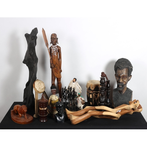 118 - A COLLECTION OF TRIBAL WOOD CARVINGS together with A PRIMITIVE HAND DRUM