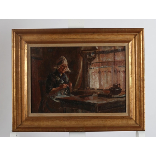 127 - SYDNEY KENDERICK 
Breton Woman Knitting by a Window
Oil on canvas
24cm (h) x 34cm (w)