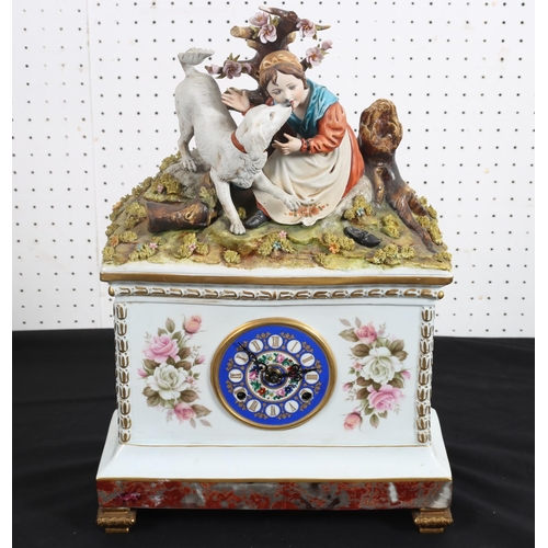 163 - A CONTINENTAL PORCELAIN MANTEL CLOCK the rectangular case with gilt painted dial and Roman numerals ... 