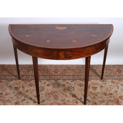 166 - A FINE GEORGIAN MAHOGANY INLAID SIDE TABLE of demi lune outline the shaped top with satinwood crossb... 