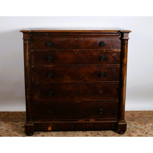 193 - A 19TH CENTURY MAHOGANY CHEST of inverted breakfront outline the shaped top above five long graduate... 