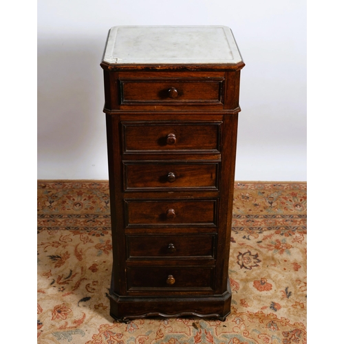 203 - A 19TH CENTURY ROSEWOOD PEDESTAL of rectangular outline the shaped top with marble inset above a fri... 