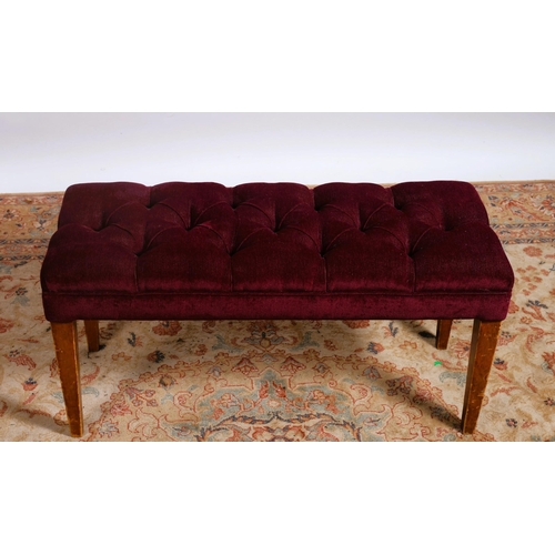 214 - A VINTAGE STAINED WOOD AND UPHOLSTERED DUET STOOL the deep buttoned upholstered seat on square taper... 