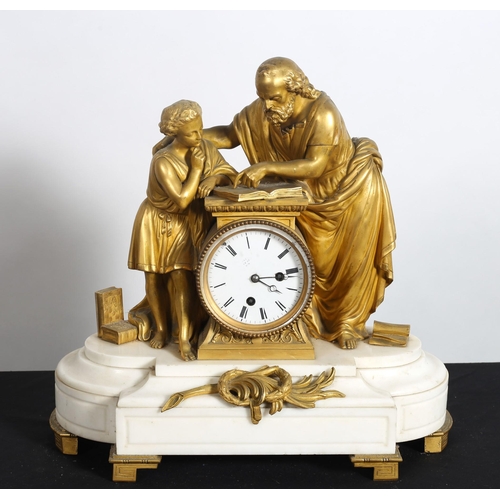 220 - A 19TH CENTURY FRENCH  GILT BRONZE AND WHITE MARBLE CLOCK with striking movement the circular drum w... 