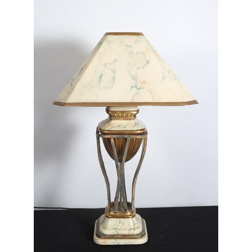 221 - A CONTINENTAL MARBLEISED AND METAL TABLE LAMP the open work column above a spreading foot with marbl... 