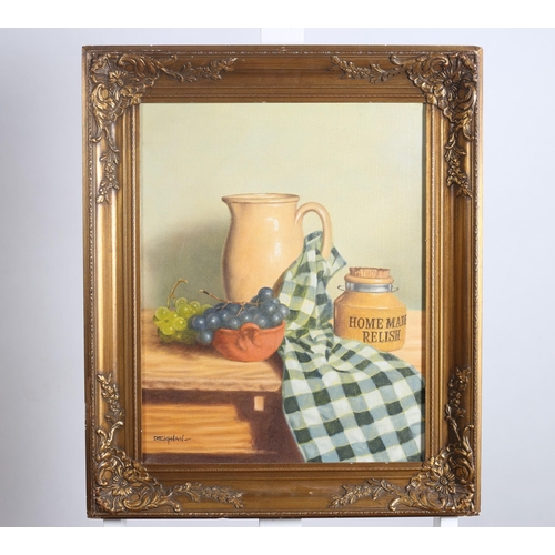 246 - PETER DEIGHAN
Still Life, Grapes in a Bowl with Jug and Relish on a Table
Oil on canvas
Signed lower... 