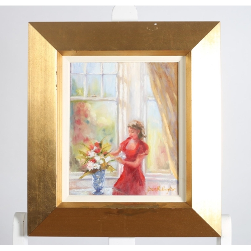 258 - JEAN MC NAUGHTON 
Interior Scene Female Arranging Flowers
Oil on canvas
Signed lower right
30cm (h) ... 