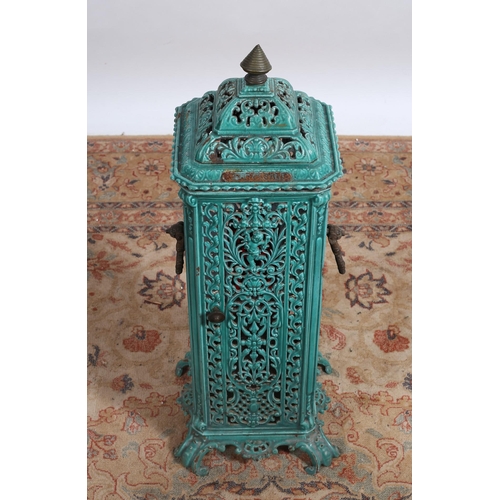 276 - A VERITAS CONTINENTAL CAST IRON AND ENAMEL LANTERN of square outline with pierced lid and gables wit... 