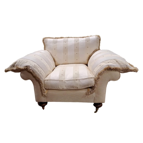 277 - A GOOD DESIGNER UPHOLSTERED THREE PIECE SUITE comprising a three seater settee the rectangular back ... 