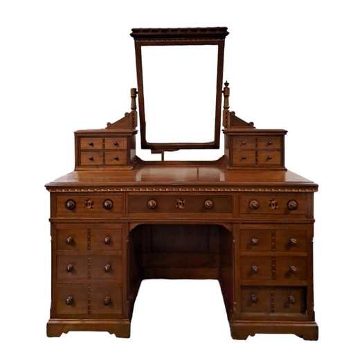 279 - AN ARTS AND CRAFTS OAK INLAID DRESSING TABLE the superstructure with swivel mirror flanked on each s... 