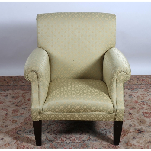 280 - A GEORGIAN DESIGN STAINED WOOD AND UPHOLSTERED ARMCHAIR the rectangular back and seat with scroll ov... 