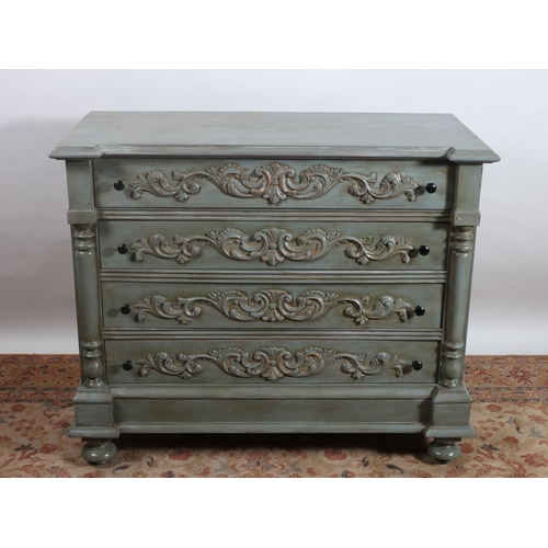 289 - A CONTINENTAL GREY PAINTED AND CARVED CHEST of inverted breakfront outline the shaped top above four... 