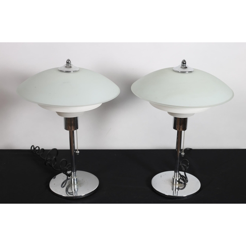 307 - A PAIR OF CONTEMPORARY CHROME AND FROSTED GLASS TABLE LAMPS each with a mushroom shaped shade above ... 