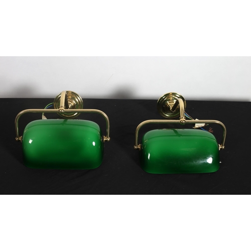 309 - A PAIR OF GILT BRASS GREEN GLASS AND OPALINE GLASS WALL LIGHTS with adjustable shades 
28cm (h) x 28... 