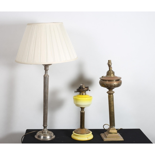 312 - A MISCELLANEOUS COLLECTION to include a part brass embossed oil lamp now converted, a plated table l... 