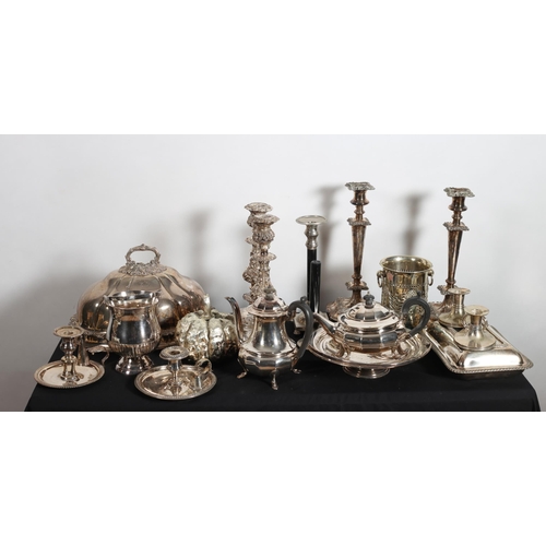 317 - A COLLECTION OF PLATED WARE to include two pairs of candlesticks, plated entrée dish, wine coaster, ... 