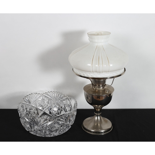 344 - A CUT GLASS BOWL together with a vintage chrome and opaline glass shade (2)