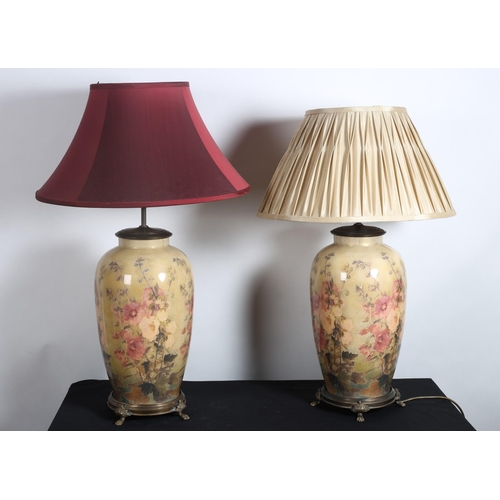 351 - A PAIR OF GLASS AND GILT BRASS TABLE LAMPS each of bulbous form decorated overall with flowerheads a... 