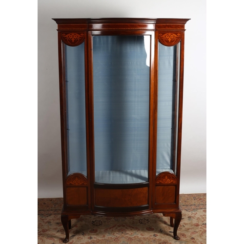 355 - AN EDWARDIAN MAHOGANY AND SATINWOOD INLAID CHINA DISPLAY CABINET of rectangular bowed outline with g... 