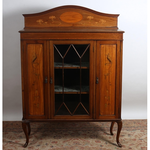 356 - AN EDWARDIAN MAHOGANY AND SATINWOOD INLAID CHINA DISPLAY CABINET of rectangular outline with rectang... 