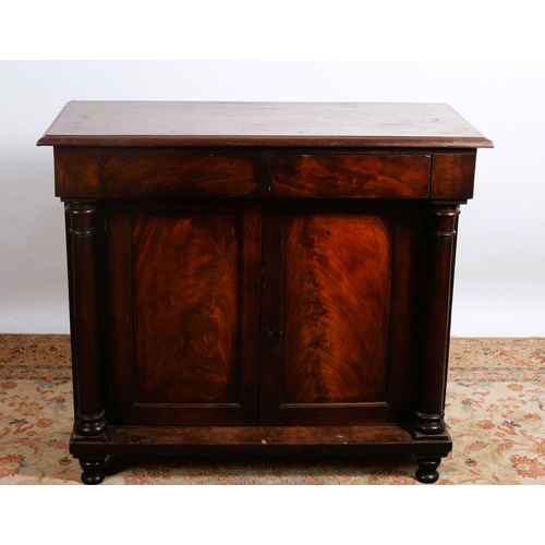 362 - A 19TH CENTURY MAHOGANY SIDE CABINET of rectangular outline the shaped top above a frieze drawer and... 