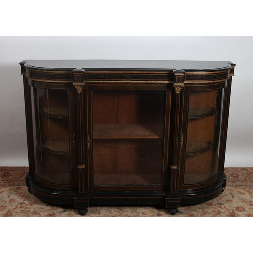 366 - A 19TH CENTURY EBONISED AND GILT BRASS MOUNTED SIDE CABINET of rectangular breakfront bowed outline ... 