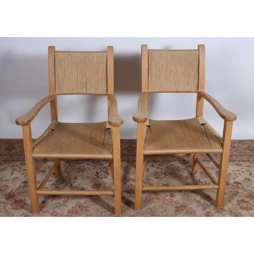 382 - A PAIR OF BEECHWOOD ELBOW CHAIRS each with a roped back and seat with shaped arms on square tapering... 