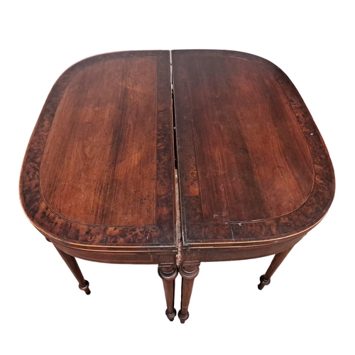 390 - A PAIR OF 19TH CENTURY MAHOGANY AND MAPLE CROSSBANDED FOLDOVER CARD TABLES each of demi lune outline... 