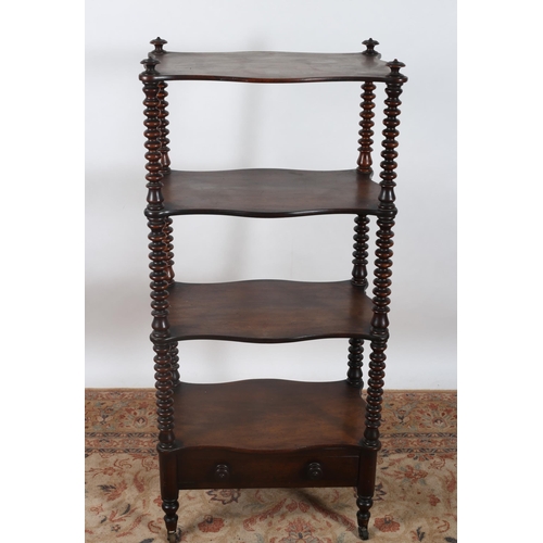 409 - A 19TH CENTURY ROSEWOOD FOUR TIER WHATNOT each serpentine shelf raised on spiral twist supports the ... 