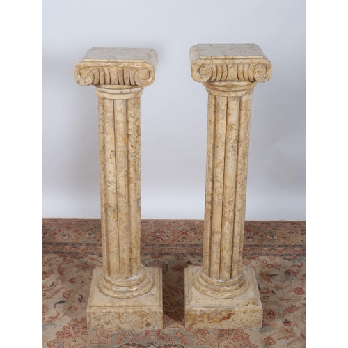 422 - A PAIR OF CONTINENTAL MARBLE PEDESTALS each with a square scroll top above a cluster column raised o... 