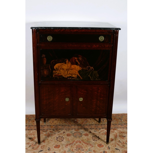 431 - A CONTINENTAL MAHOGANY AND POLYCHROME COCKTAIL CABINET of rectangular outline surmounted by a veined... 