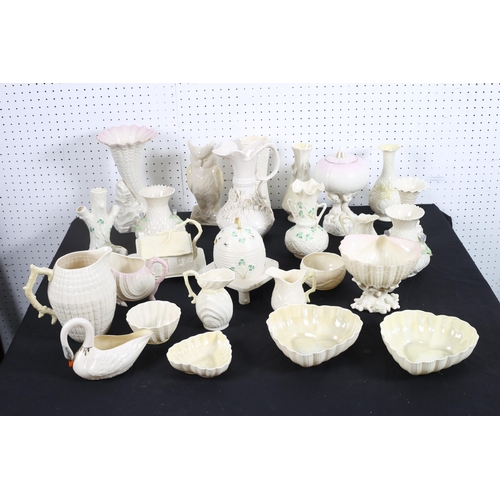 480 - A COLLECTION OF BELLEEK to include vases, jugs, a beehive, a cornucopia vase, etc. (27)