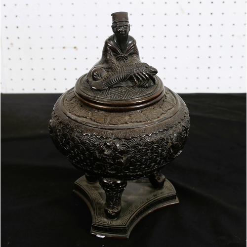 486 - A JAPANESE BRONZE INCENSE BURNER of bulbous form the figural lid depicting a man holding a fish rais... 