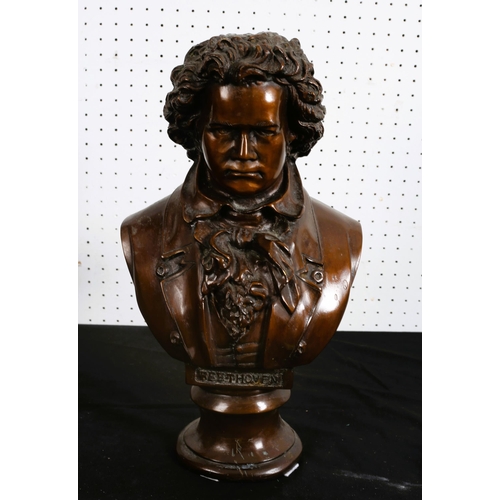 508 - A BRONZE HEAD AND SHOULDER BUST modelled as Beethoven raised on a circular spreading foot 
41cm (h) ... 