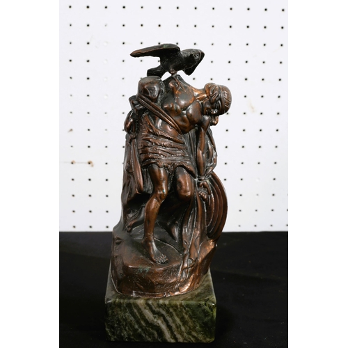 510 - A VINTAGE BRONZE FIGURE of the Dying Cuchulain raised on a green veined marble base 
21cm (h)