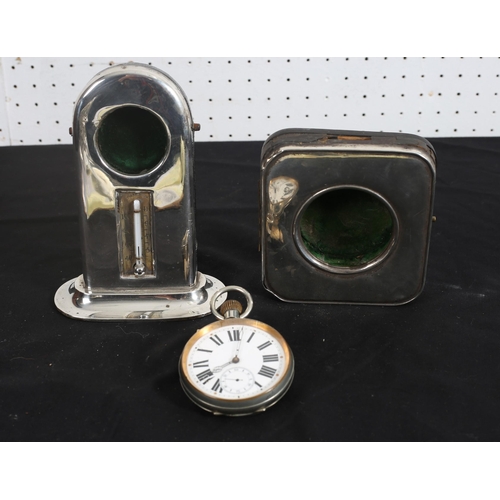 518 - A 19TH CENTURY SILVER CASED TRAVELLING CLOCK together with a silver cased watch holder with thermome... 