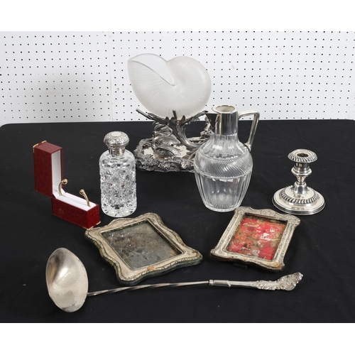 537 - A MISCELLANEOUS COLLECTION to include a silver disc candlestick, a silver topped dressing table jar,... 