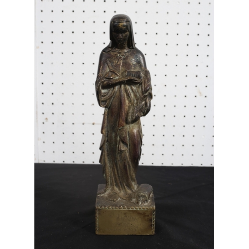 541 - A BRONZE FIGURE modelled as St. Barbara Patron Saint of Miners shown standing on a platform base
Ins... 