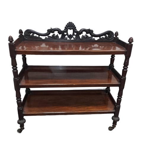 610 - A MATCHED PAIR OF 19TH CENTURY CARVED MAHOGANY THREE TIER DUMBWAITERS each with a pierced foliate ca... 