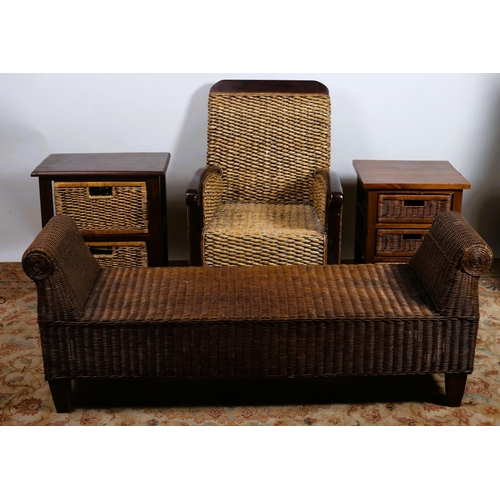 618 - A HARDWOOD AND WICKER TWO DRAWER CHEST together with a wicker bench, a hardwood and roped armchair t... 