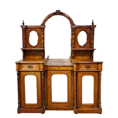 636 - A 19TH CENTURY WALNUT SIDE CABINET the superstructure with rectangular bevelled glass mirror flanked... 