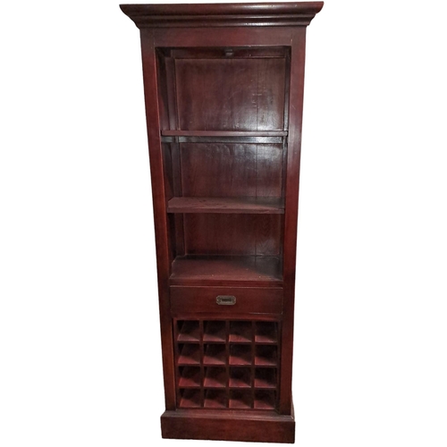 755 - A HARDWOOD OPEN FRONT SHELF the moulded cornice above three open shelves and frieze drawer above twe... 