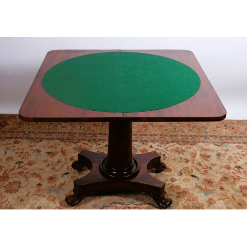 77 - A 19TH CENTURY MAHOGANY FOLDOVER CARD TABLE of rectangular outline the hinged lid containing baize l... 