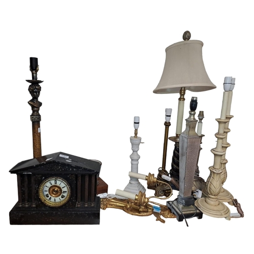 771 - A MISCELLANEOUS COLLECTION to include a black slate mantel clock of architectural outline together w... 